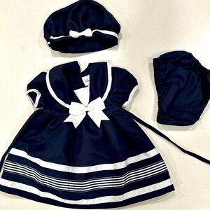 Gently used toddler’s navy dress w/ white stripes and matching hat | 12 months